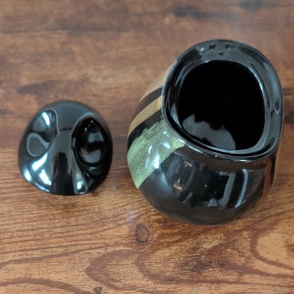 Sango Avanti Flair Black Sugar Bowl Stoneware Vase with Tan Green Stripes - Picture 4 of 7